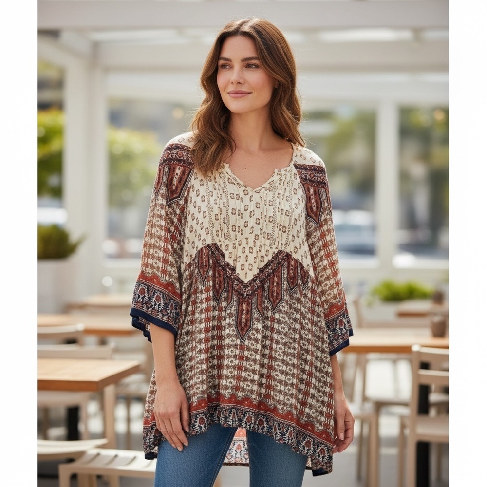 Women's Small Oversized Relaxed FLOWY Cottagecore Peasant Festival Tunic Top